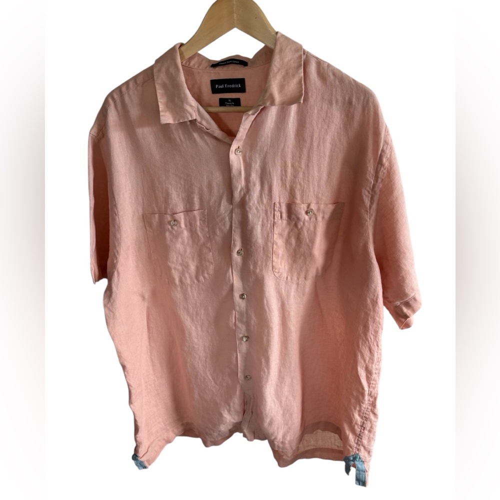 Paul Fredrick Men’s size XL 100% Linen solid casual resort Salmon Orange Shirt